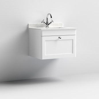 Nuie Classique Wall Hung 1-Drawer Vanity Unit with 1TH White Square Marble Top Basin 600mm Wide - Satin White