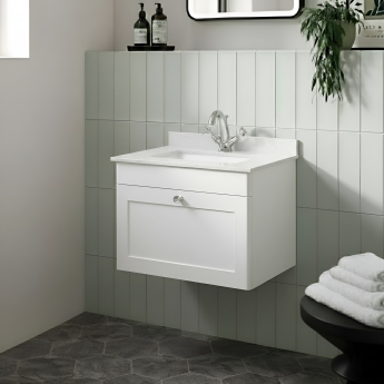 Nuie Classique Wall Hung 1-Drawer Vanity Unit with 1TH White Square Marble Top Basin 600mm Wide - Satin White