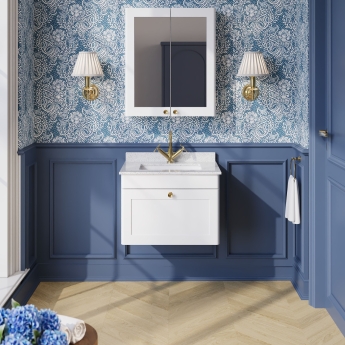 Nuie Classique Wall Hung 1-Drawer Vanity Unit with 1TH White Square Marble Top Basin 600mm Wide - Satin White | Product Image