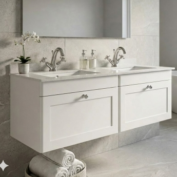 Nuie Classique Wall Hung 2-Drawer Vanity Unit with 1TH White Square Marble Top Basin 1200mm Wide - Satin White