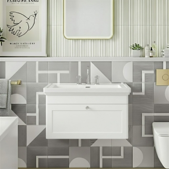 Nuie Classique Wall Hung 1-Drawer Vanity Unit with Basin 800mm Wide Satin White - 3 Tap Hole