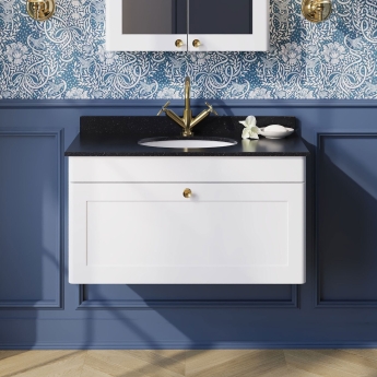 Nuie Classique Wall Hung 1-Drawer Vanity Unit with 1TH Black Marble Top Basin 800mm Wide - Satin White | Product Image