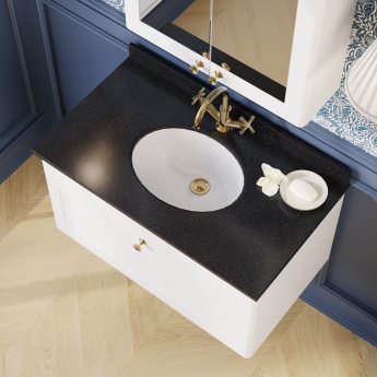 Nuie Classique Wall Hung 1-Drawer Vanity Unit with 1TH Black Marble Top Basin 800mm Wide - Satin White | Product Image