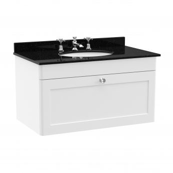 Nuie Classique Wall Hung 1-Drawer Vanity Unit with 3TH Black Marble Top Basin 800mm Wide - Satin White