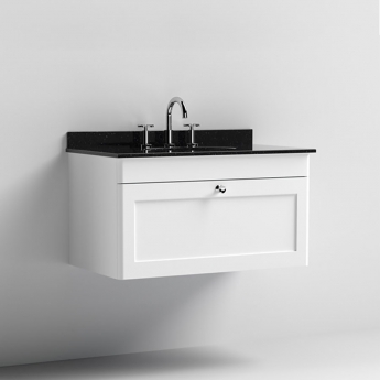 Nuie Classique Wall Hung 1-Drawer Vanity Unit with 3TH Black Marble Top Basin 800mm Wide - Satin White