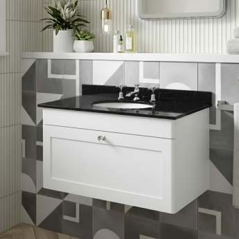 Nuie Classique Wall Hung 1-Drawer Vanity Unit with 3TH Black Marble Top Basin 800mm Wide - Satin White