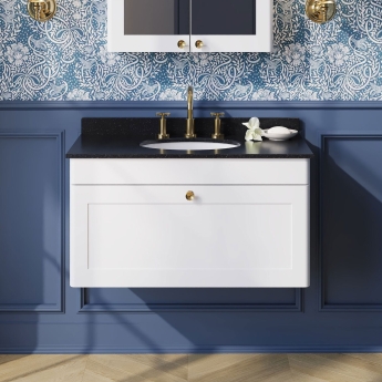 Nuie Classique Wall Hung 1-Drawer Vanity Unit with 3TH Black Marble Top Basin 800mm Wide - Satin White | Product Image