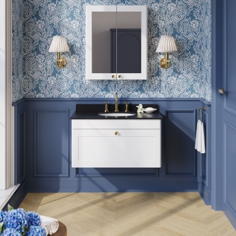 Nuie Classique Wall Hung 1-Drawer Vanity Unit with 3TH Black Marble Top Basin 800mm Wide - Satin White | Product Image