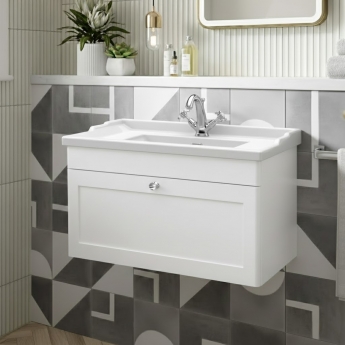 Nuie Classique Wall Hung 1-Drawer Vanity Unit with Traditional Basin 800mm Wide Satin White - 1 Tap Hole