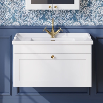 Nuie Classique Wall Hung 1-Drawer Vanity Unit with Traditional Basin 800mm Wide Satin White - 1 Tap Hole | Product Image
