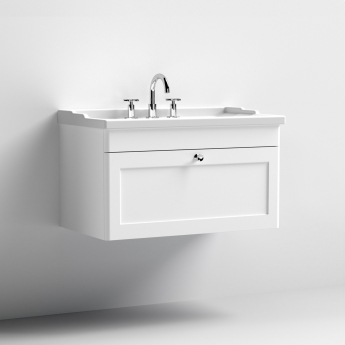 Nuie Classique Wall Hung 1-Drawer Vanity Unit with Traditional Basin 800mm Wide Satin White - 3 Tap Hole