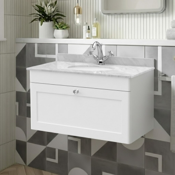 Nuie Classique Wall Hung 1-Drawer Vanity Unit with 1TH Grey Marble Top Basin 800mm Wide - Satin White