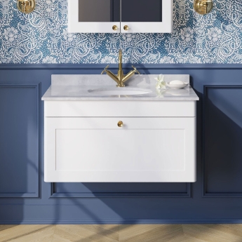 Nuie Classique Wall Hung 1-Drawer Vanity Unit with 1TH Grey Marble Top Basin 800mm Wide - Satin White | Product Image
