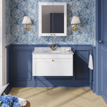 Nuie Classique Wall Hung 1-Drawer Vanity Unit with 1TH Grey Marble Top Basin 800mm Wide - Satin White | Product Image