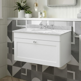 Nuie Classique Wall Hung 1-Drawer Vanity Unit with 3TH Grey Marble Top Basin 800mm Wide - Satin White