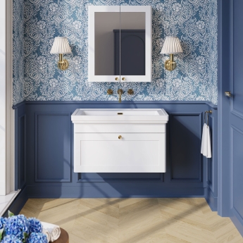 Nuie Classique Wall Hung 1-Drawer Vanity Unit with Traditional Basin 800mm Wide Satin White - 0 Tap Hole | Product Image
