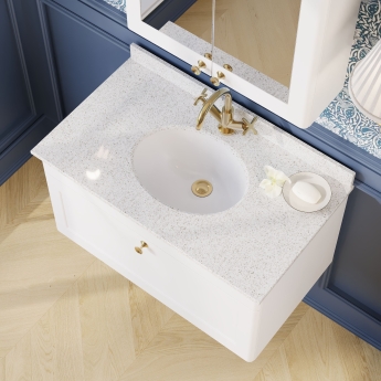 Nuie Classique Wall Hung 1-Drawer Vanity Unit with 1TH White Round Marble Top Basin 800mm Wide - Satin White | Product Image