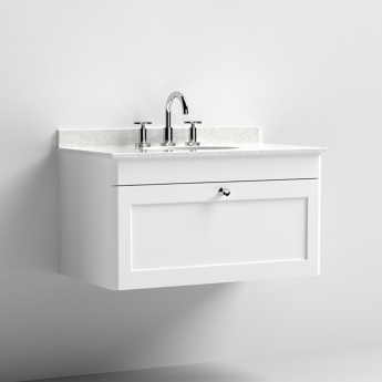 Nuie Classique Wall Hung 1-Drawer Vanity Unit with 3TH White Round Marble Top Basin 800mm Wide - Satin White