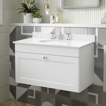 Nuie Classique Wall Hung 1-Drawer Vanity Unit with 3TH White Round Marble Top Basin 800mm Wide - Satin White