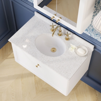 Nuie Classique Wall Hung 1-Drawer Vanity Unit with 3TH White Round Marble Top Basin 800mm Wide - Satin White | Product Image