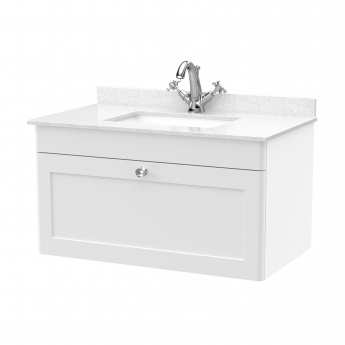 Nuie Classique Wall Hung 1-Drawer Vanity Unit with 1TH White Square Marble Top Basin 800mm Wide - Satin White