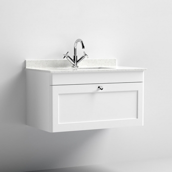 Nuie Classique Wall Hung 1-Drawer Vanity Unit with 1TH White Square Marble Top Basin 800mm Wide - Satin White