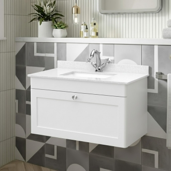 Nuie Classique Wall Hung 1-Drawer Vanity Unit with 1TH White Square Marble Top Basin 800mm Wide - Satin White