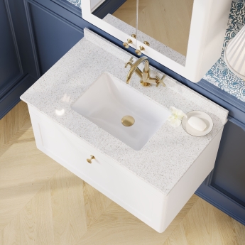 Nuie Classique Wall Hung 1-Drawer Vanity Unit with 1TH White Square Marble Top Basin 800mm Wide - Satin White | Product Image