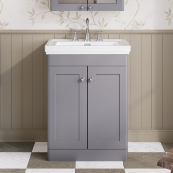 Nuie Classique Floor Standing 2-Door Vanity Unit with Basin 600mm Wide Satin Grey - 1 Tap Hole | Product Image
