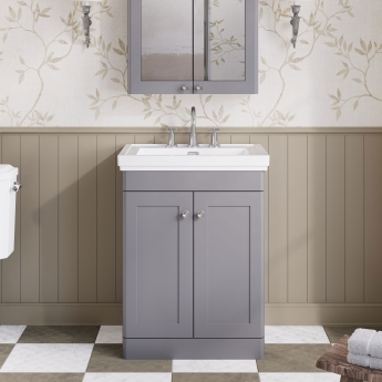 Nuie Classique Floor Standing 2-Door Vanity Unit with Basin 600mm Wide Satin Grey - 3 Tap Hole | Product Image