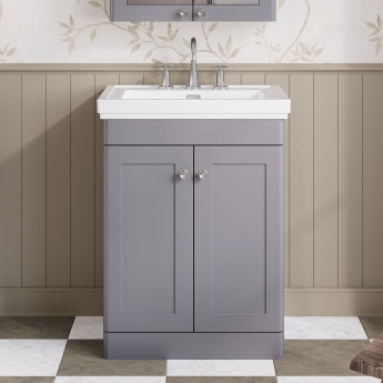 Nuie Classique Floor Standing 2-Door Vanity Unit with Basin 600mm Wide Satin Grey - 3 Tap Hole | Product Image