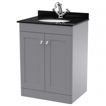 Nuie Classique Floor Standing 2-Door Vanity Unit with 1TH Black Marble Top Basin 600mm Wide - Satin Grey