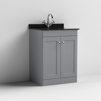 Nuie Classique Floor Standing 2-Door Vanity Unit with 1TH Black Marble Top Basin 600mm Wide - Satin Grey