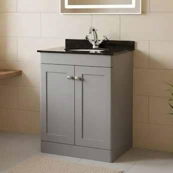 Nuie Classique Floor Standing 2-Door Vanity Unit with 1TH Black Marble Top Basin 600mm Wide - Satin Grey