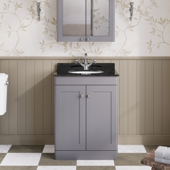 Nuie Classique Floor Standing 2-Door Vanity Unit with 1TH Black Marble Top Basin 600mm Wide - Satin Grey | Product Image