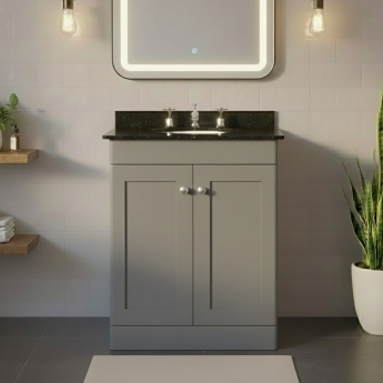 Nuie Classique Floor Standing 2-Door Vanity Unit with 3TH Black Marble Top Basin 600mm Wide - Satin Grey