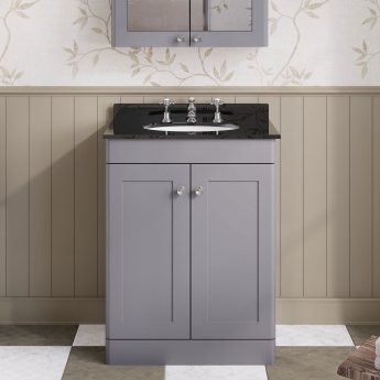 Nuie Classique Floor Standing 2-Door Vanity Unit with 3TH Black Marble Top Basin 600mm Wide - Satin Grey | Product Image
