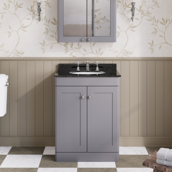 Nuie Classique Floor Standing 2-Door Vanity Unit with 3TH Black Marble Top Basin 600mm Wide - Satin Grey | Product Image