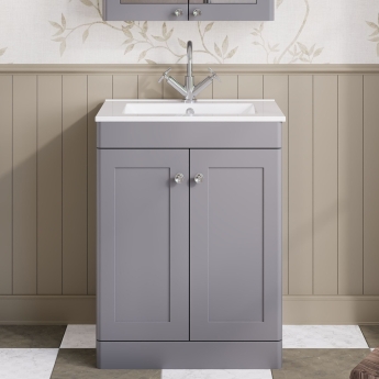 Nuie Classique Floor Standing 2-Door Vanity Unit with 1TH Minimalist Basin 600mm Wide - Satin Grey | Product Image