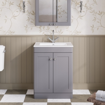 Nuie Classique Floor Standing 2-Door Vanity Unit with 1TH Minimalist Basin 600mm Wide - Satin Grey | Product Image