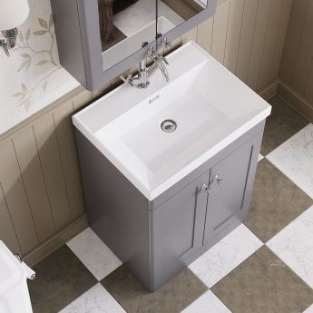 Nuie Classique Floor Standing 2-Door Vanity Unit with 1TH Thin-Edge Basin 600mm Wide - Satin Grey | Product Image