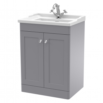 Nuie Classique Floor Standing 2-Door Vanity Unit with Traditional Basin 600mm Wide Satin Grey - 1 Tap Hole
