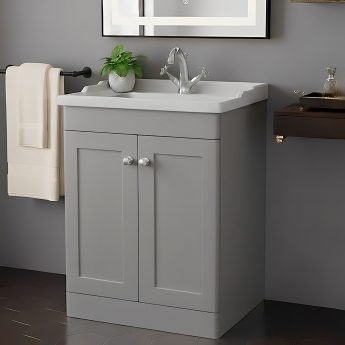 Nuie Classique Floor Standing 2-Door Vanity Unit with Traditional Basin 600mm Wide Satin Grey - 1 Tap Hole