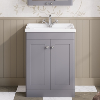 Nuie Classique Floor Standing 2-Door Vanity Unit with Traditional Basin 600mm Wide Satin Grey - 1 Tap Hole | Product Image