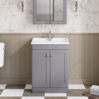 Nuie Classique Floor Standing 2-Door Vanity Unit with Traditional Basin 600mm Wide Satin Grey - 1 Tap Hole | Product Image