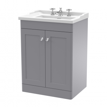 Nuie Classique Floor Standing 2-Door Vanity Unit with Traditional Basin 600mm Wide Satin Grey - 3 Tap Hole