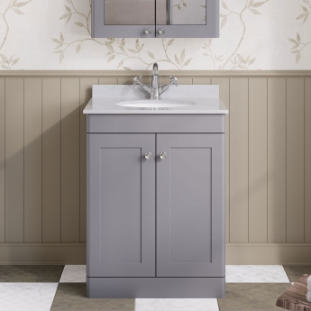 Nuie Classique Floor Standing 2-Door Vanity Unit with 1TH Grey Marble Top Basin 600mm Wide - Satin Grey | Product Image
