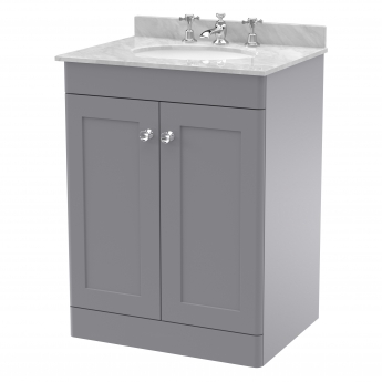 Nuie Classique Floor Standing 2-Door Vanity Unit with 3TH Grey Marble Top Basin 600mm Wide - Satin Grey