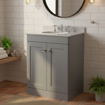 Nuie Classique Floor Standing 2-Door Vanity Unit with 3TH Grey Marble Top Basin 600mm Wide - Satin Grey
