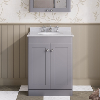 Nuie Classique Floor Standing 2-Door Vanity Unit with 3TH Grey Marble Top Basin 600mm Wide - Satin Grey | Product Image